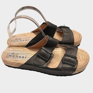 MANEBI Women’s Espadrille Black Leather Slides 2 Strap Buckle Sandals size 10
